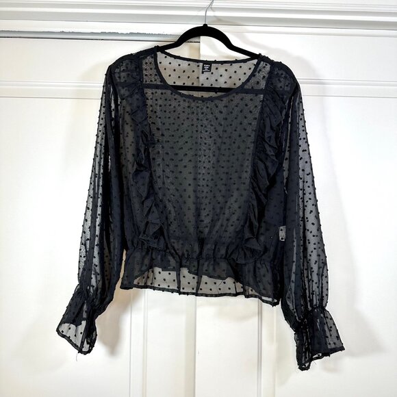Black Sheer Swiss Dot Ruffle Trim Flounce Sleeve Top - Picture 5 of 13